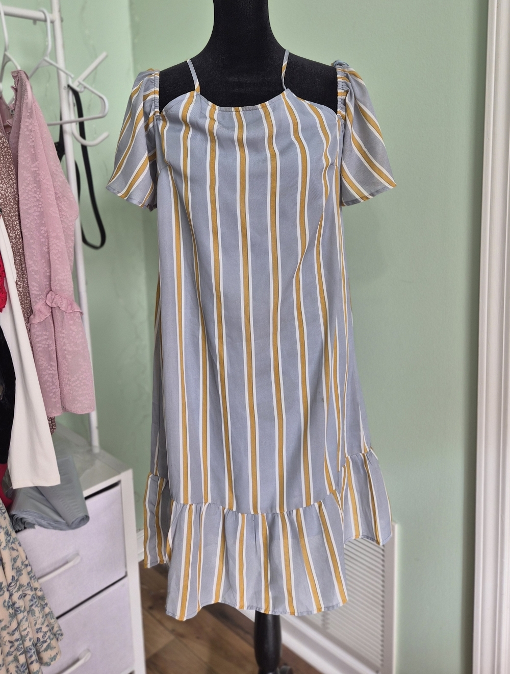 She + Sky Light Blue and Mustard Striped Cold-Shoulder Dress